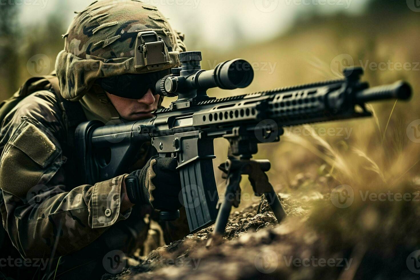 United States Marine Corps special forces soldier with assault rifle in action during mission. ai generated pro photo