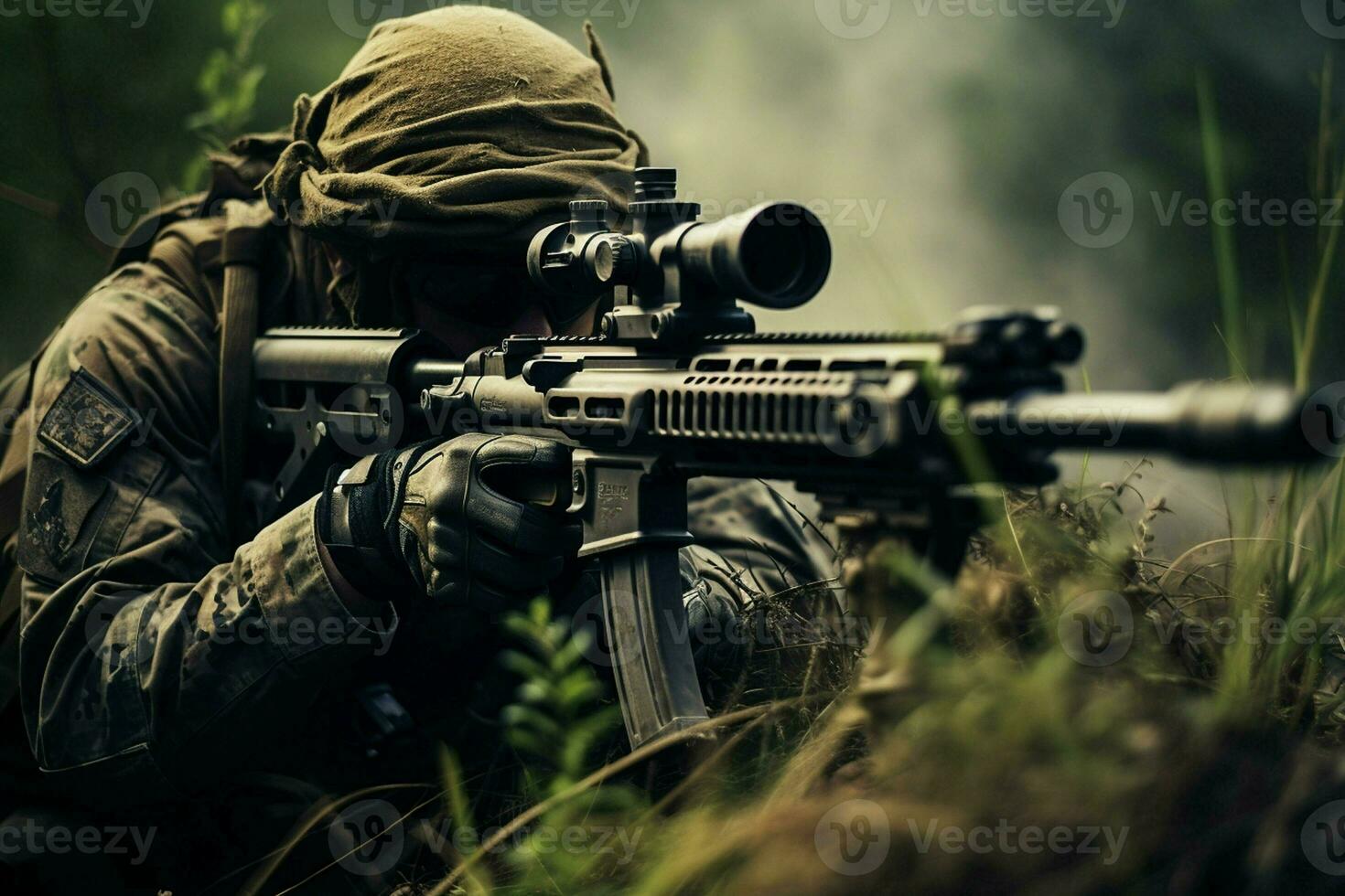 Close-up of man with sniper scope. Selective focus. ai generated pro photo