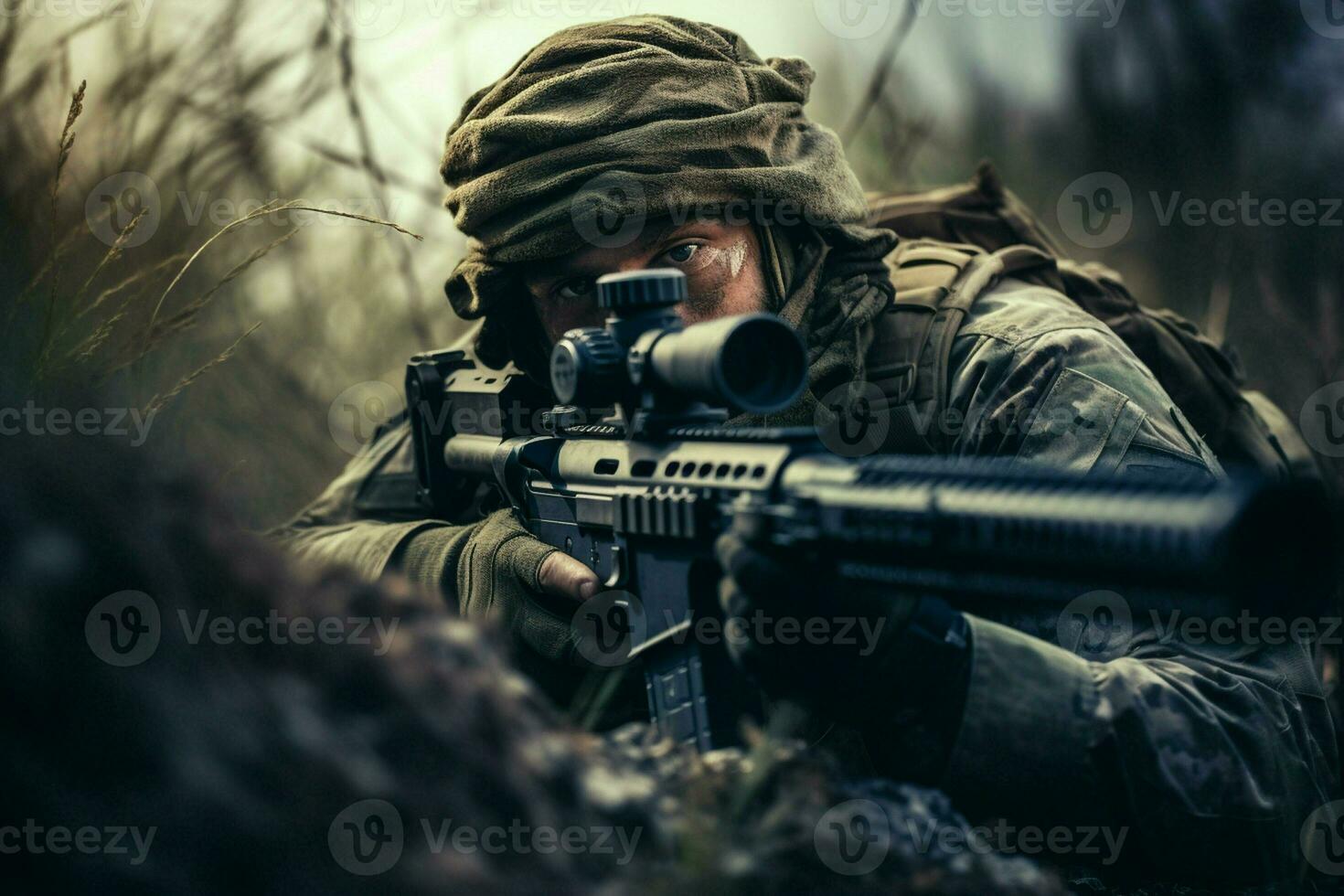 United States Marine Corps special forces soldier with assault rifle in action during mission. ai generated pro photo