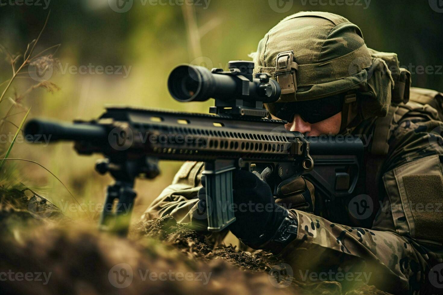 United States Marine Corps special forces soldier with assault rifle in action during mission. ai generated pro photo