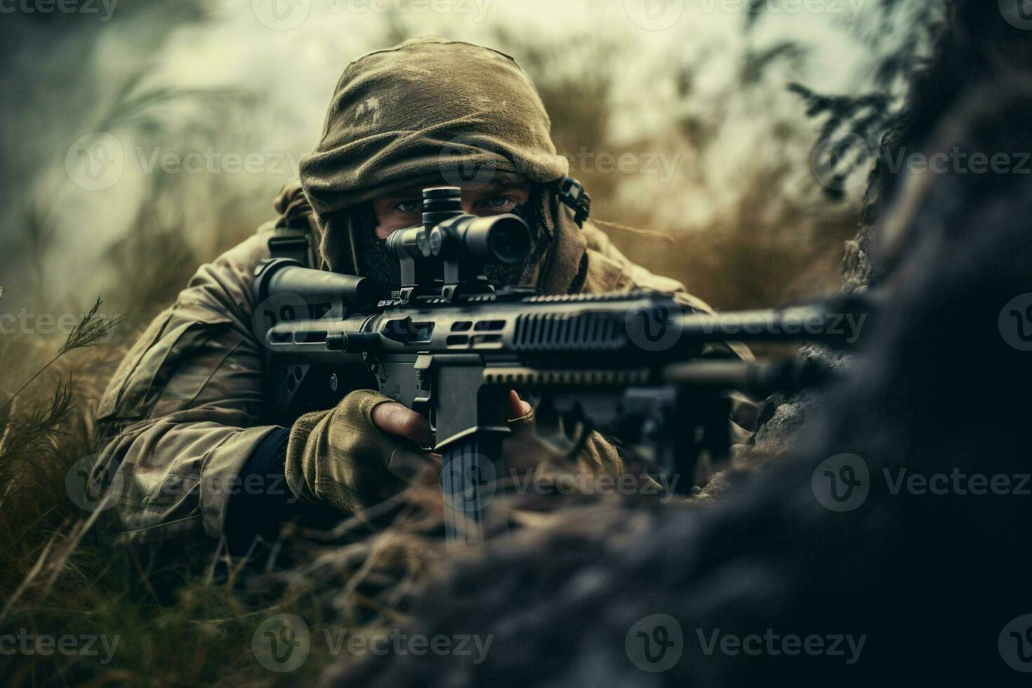 United States Marine Corps special forces soldier with assault rifle in action during mission. ai generated pro photo