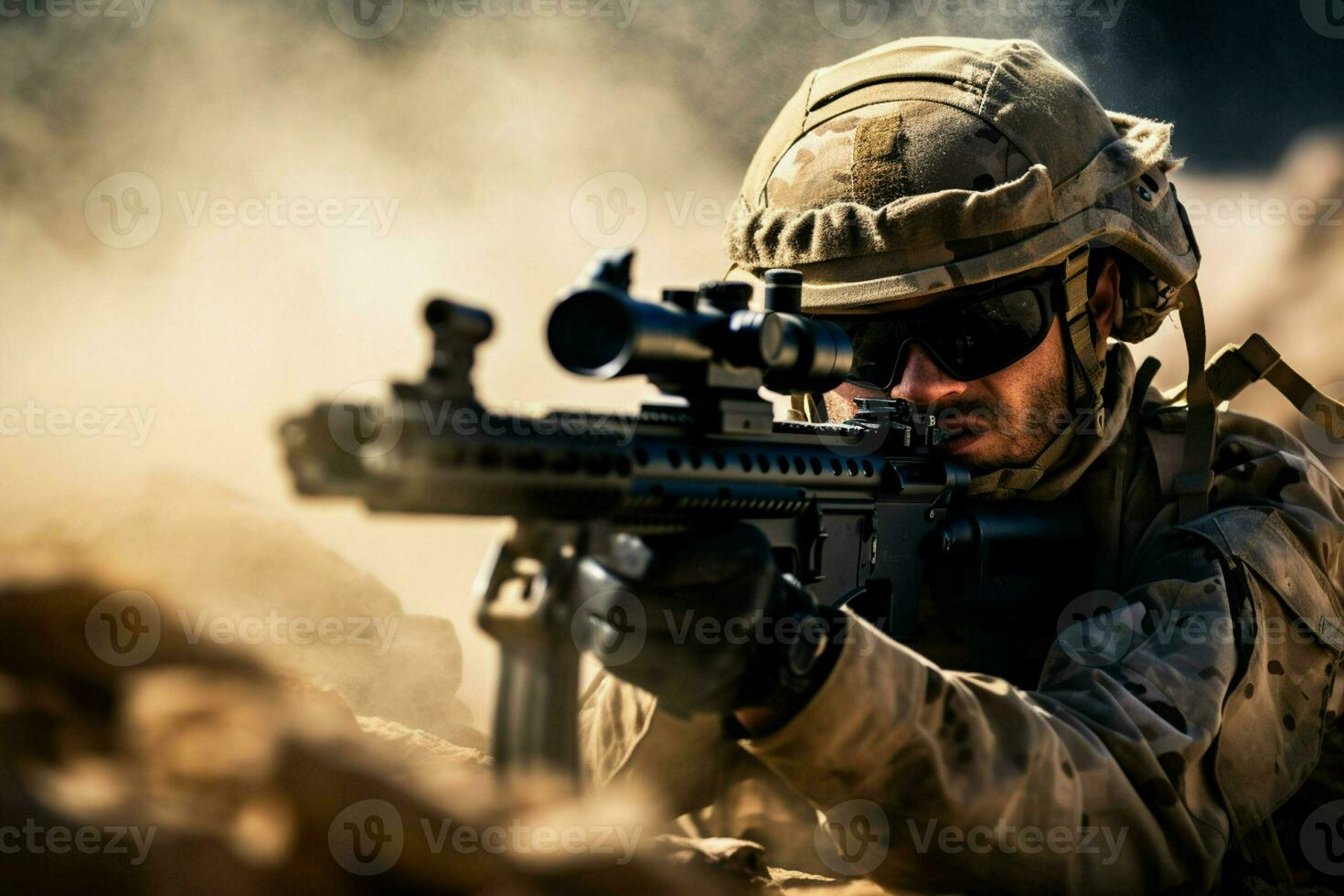 United States Marine Corps special forces soldier with assault rifle in action during mission. ai generated pro photo