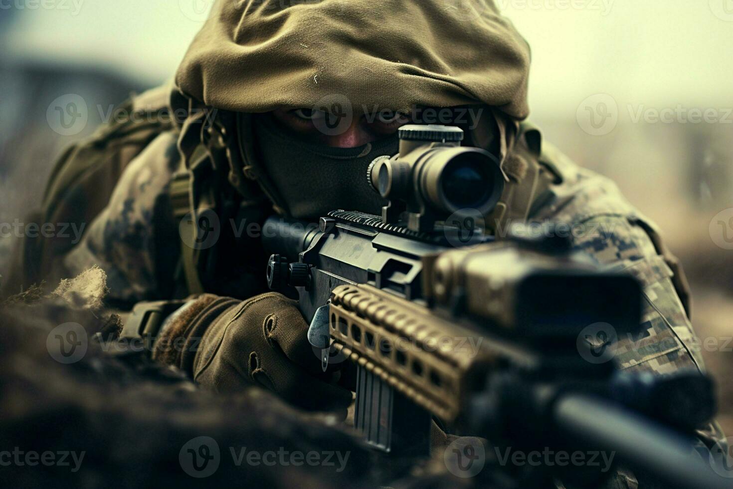 Close-up of man with sniper scope. Selective focus. ai generated pro photo