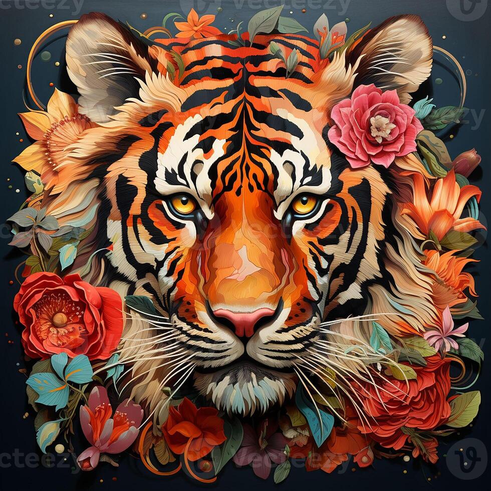 Beautiful tiger with flowers on a dark background. ai generated pro
