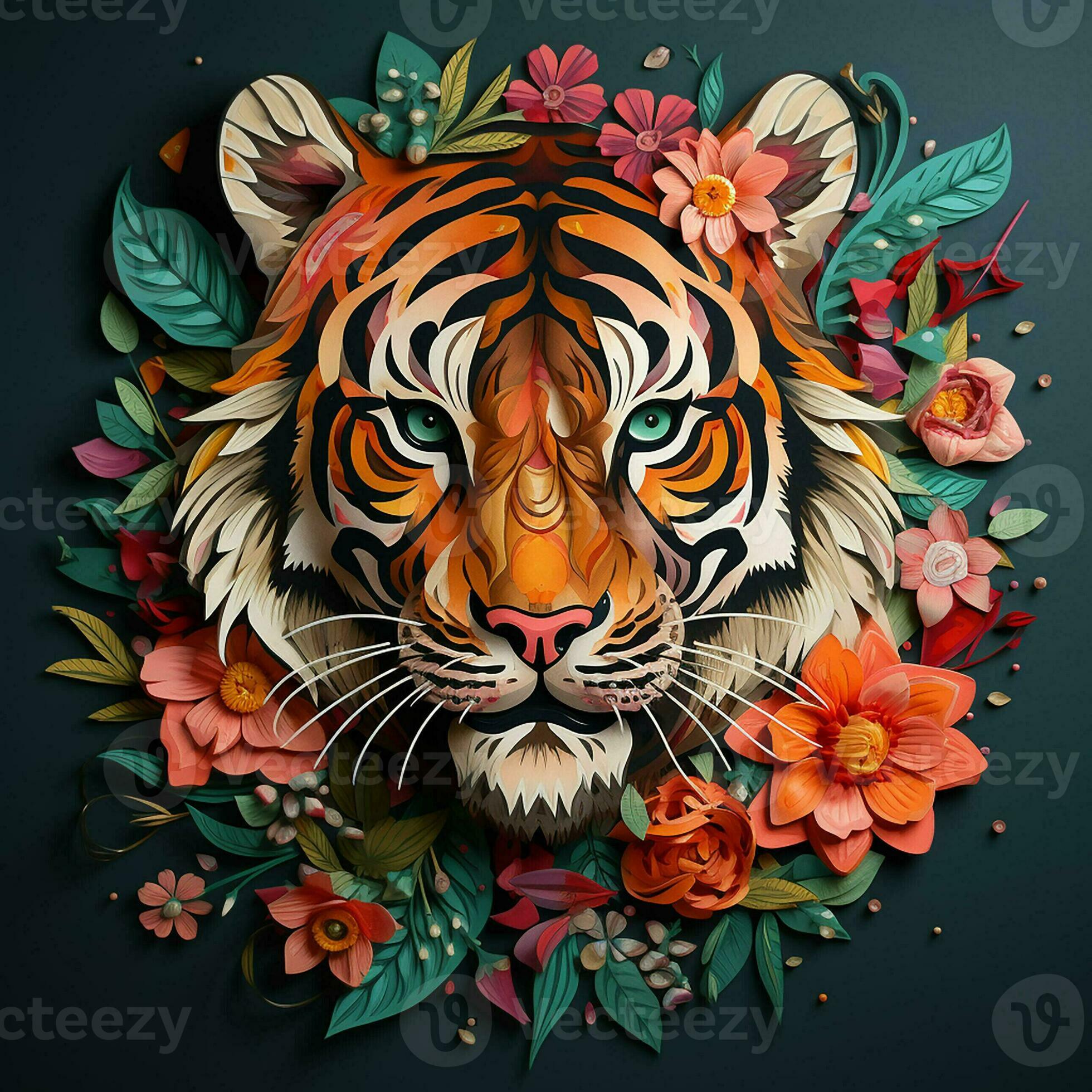 Beautiful tiger with flowers on a dark background. ai generated pro