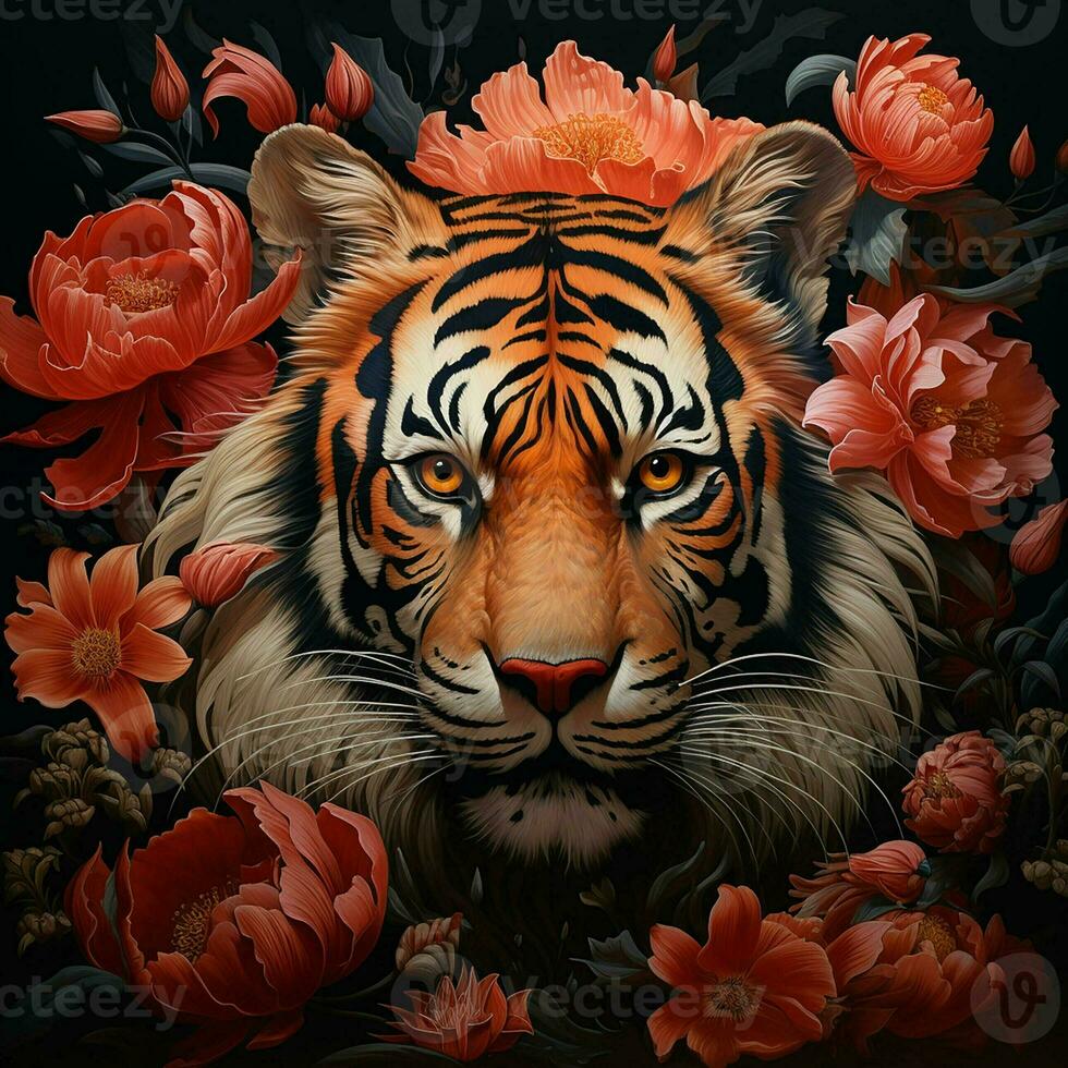 Beautiful tiger with flowers on a dark background. ai generated pro photo