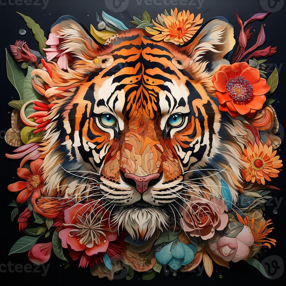 Beautiful tiger with flowers on a dark background. ai generated pro