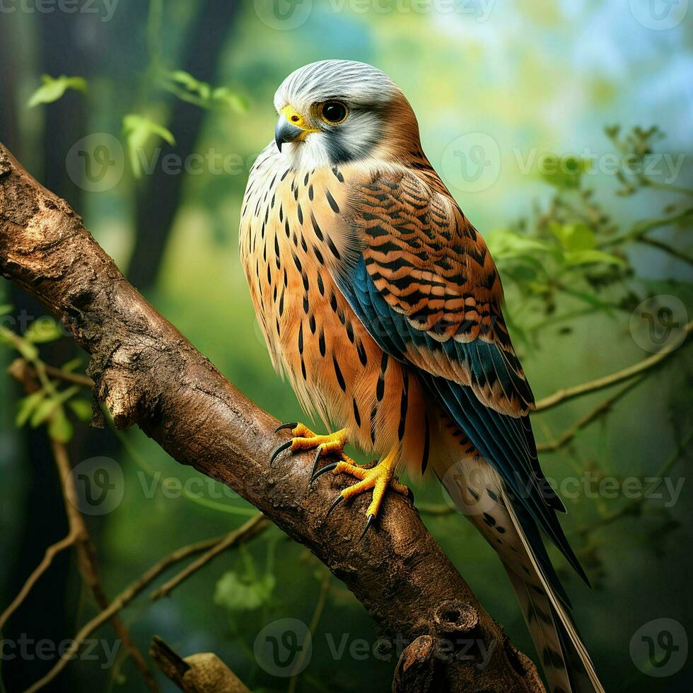 Kestrel sitting on a branch in autumn forest. Wildlife scene from nature. Ai generated pro photo