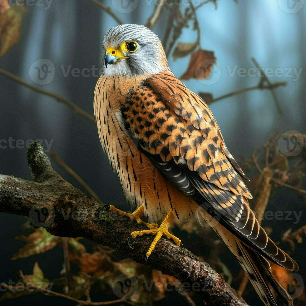 Kestrel sitting on a branch in autumn forest. Wildlife scene from nature. Ai generated pro photo