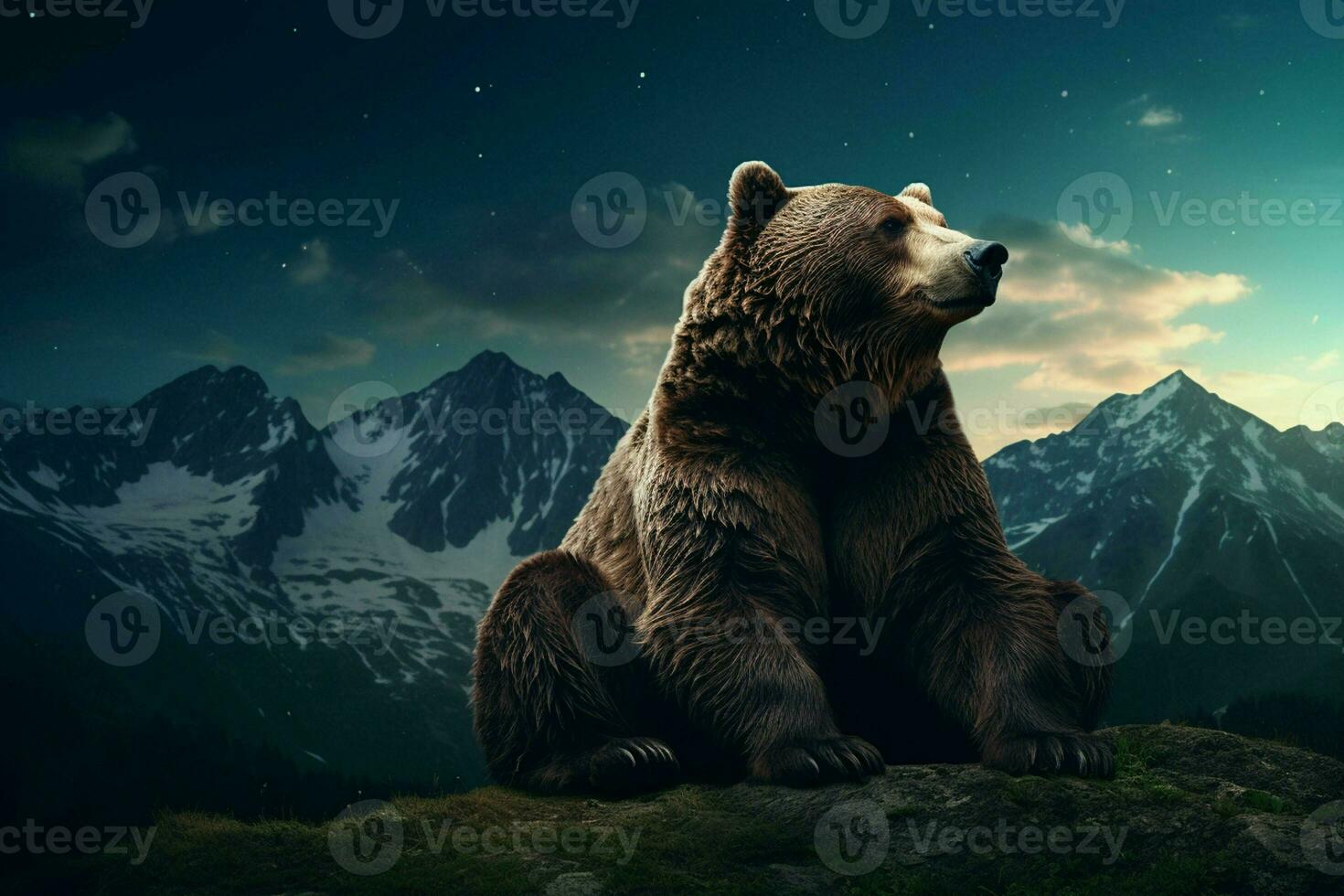 A bear is sitting on the top of a mountain. Ai generated pro photo