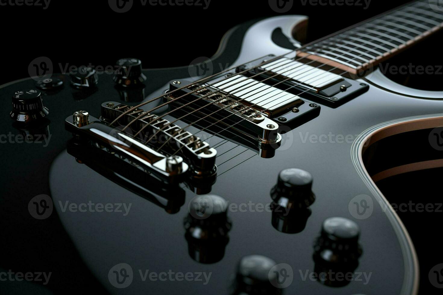 cerca arriba de negro eléctrico guitarra. ai generado Pro foto