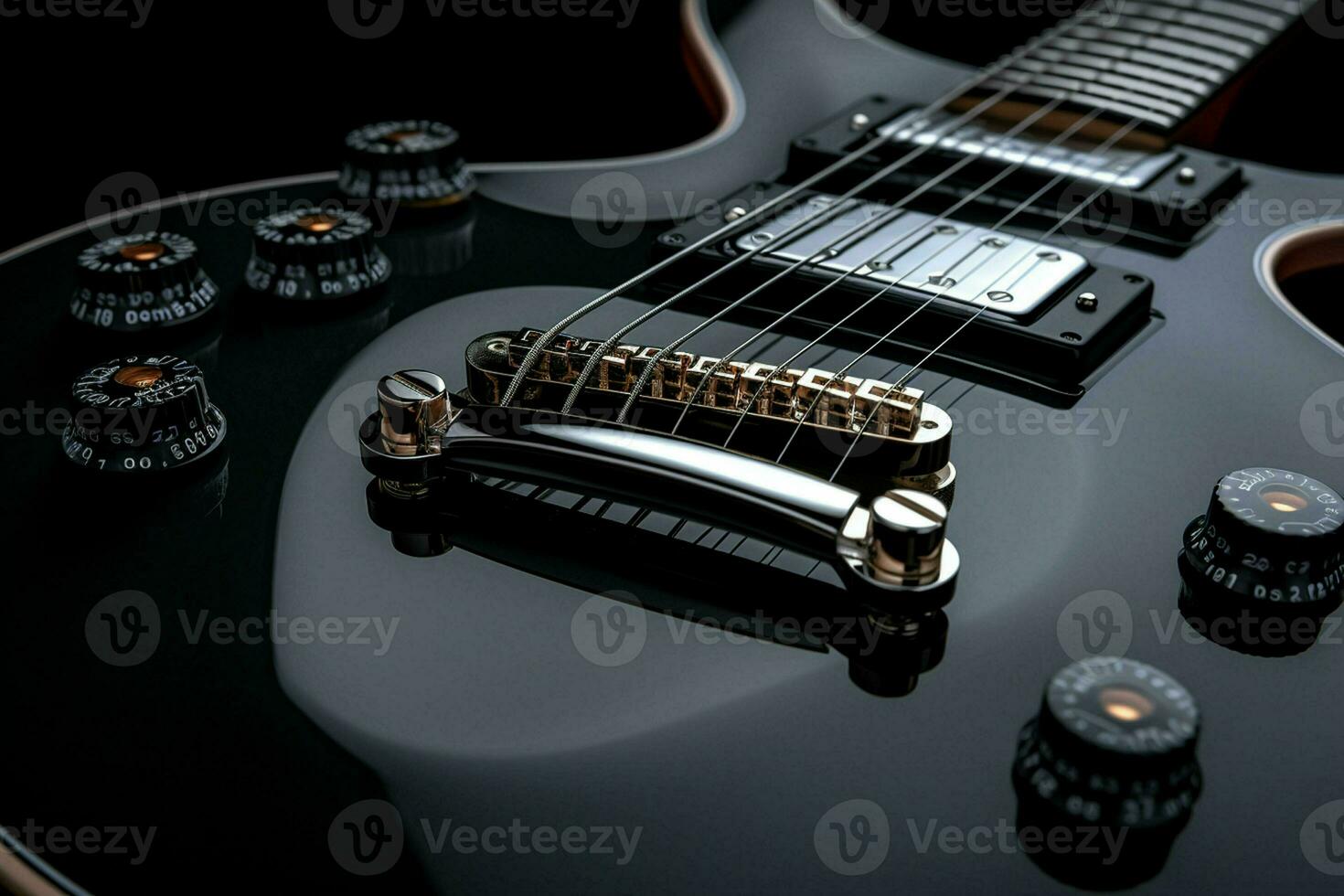 cerca arriba de negro eléctrico guitarra. ai generado Pro foto