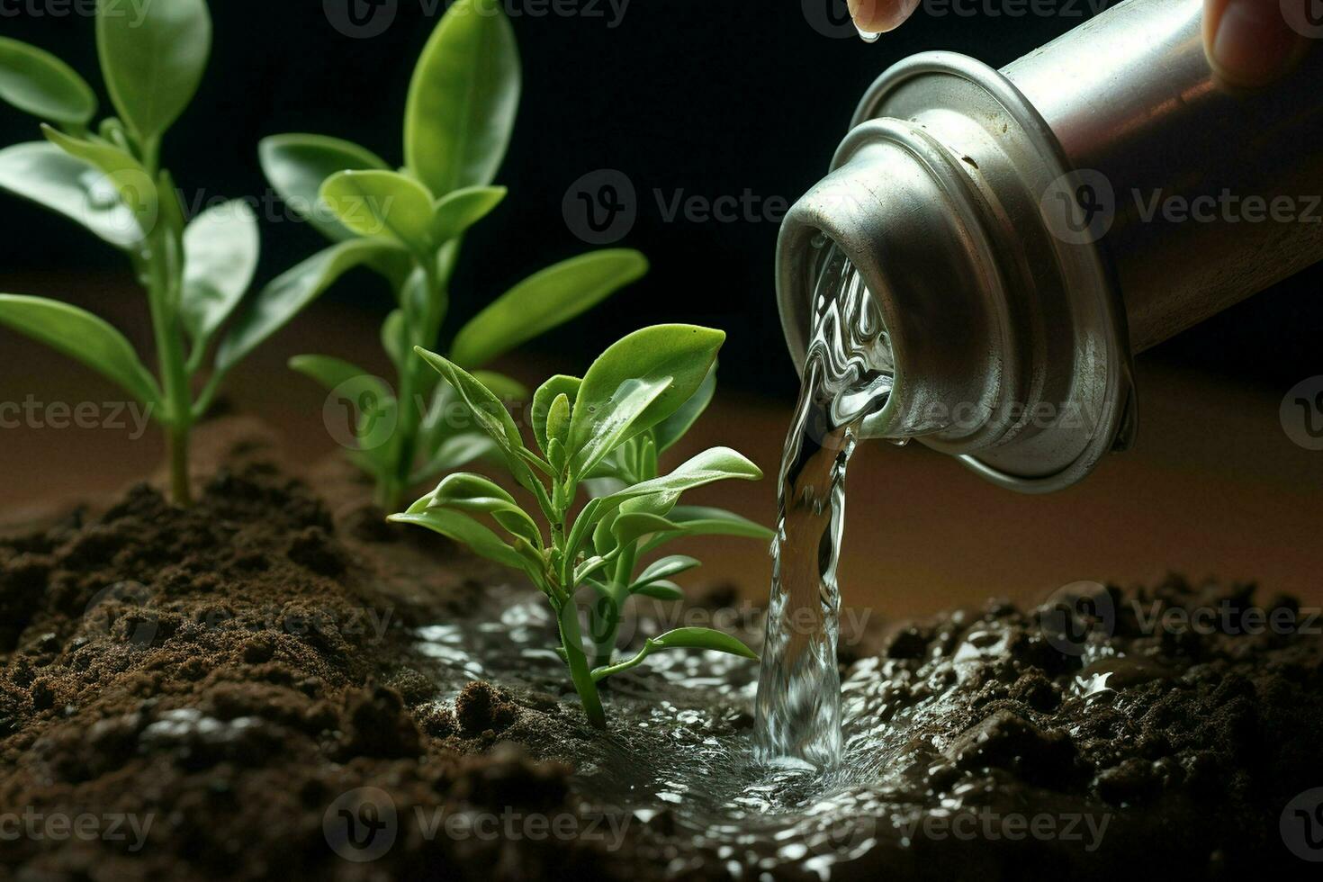 riego un joven verde planta en el suelo con agua gotas. ai generado Pro foto
