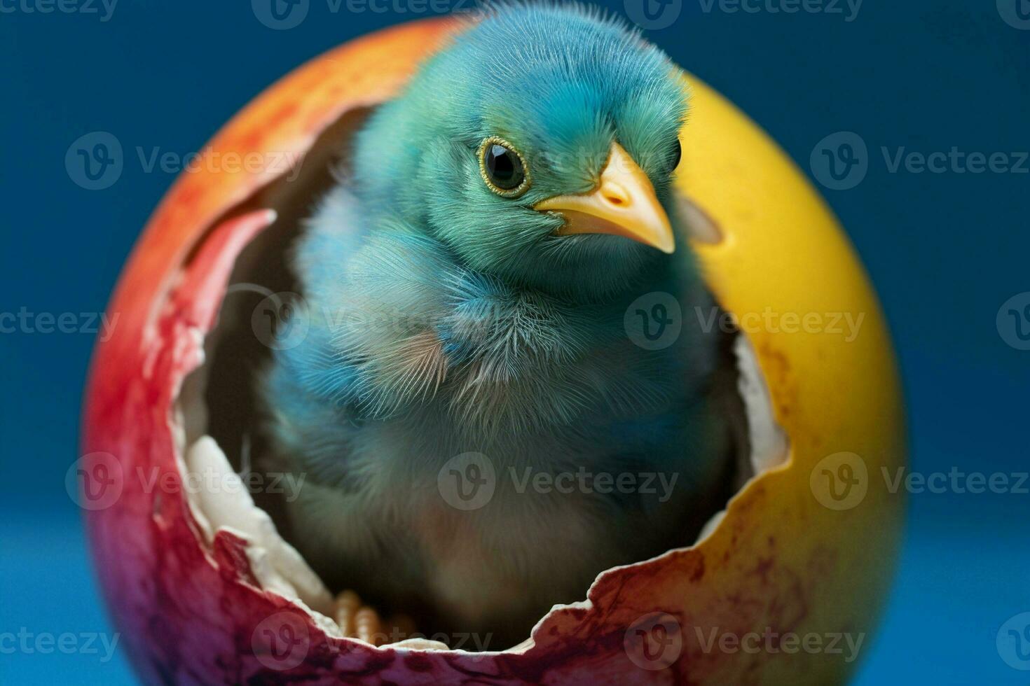 Colorful baby bird in an egg shell. Ai generated pro photo