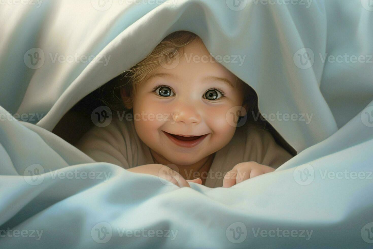 Cute little baby under blanket at home. Happy childhood concept. Ai generated pro photo