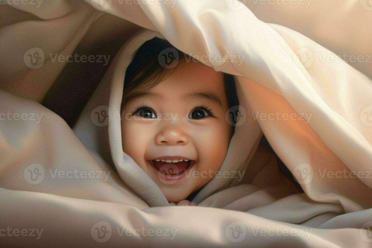 Cute little baby under blanket at home. Happy childhood concept. Ai generated pro photo