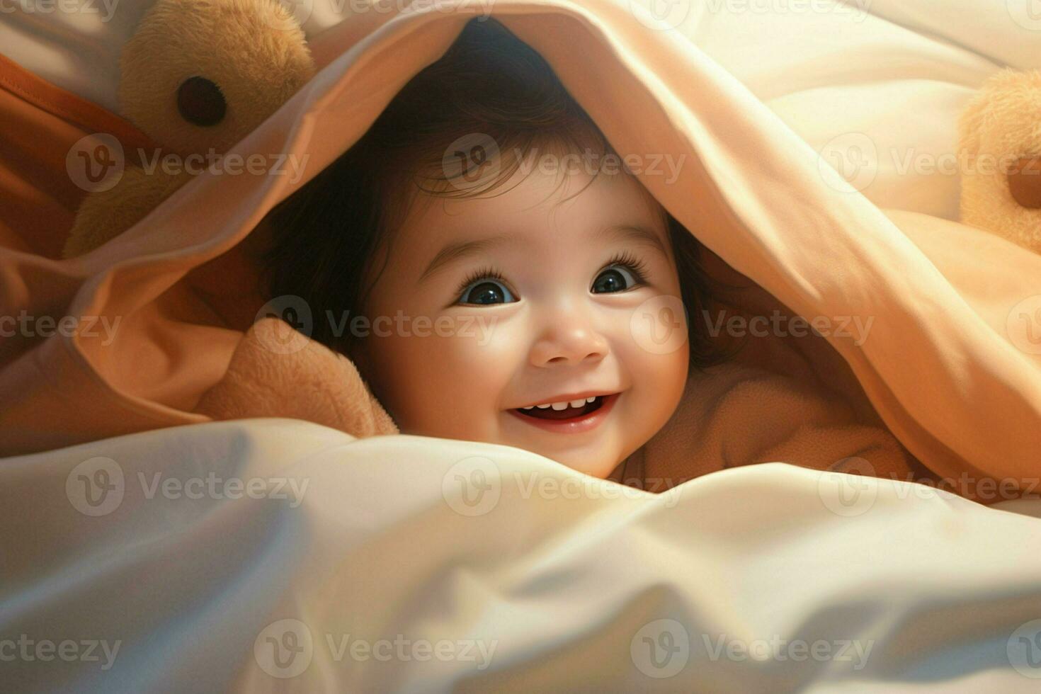 Cute little baby under blanket at home. Happy childhood concept. Ai generated pro photo