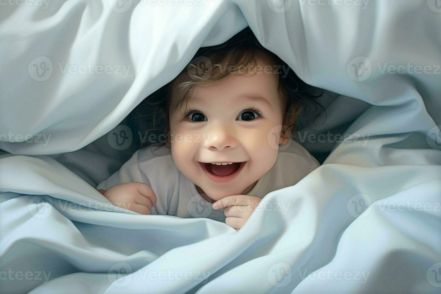 Cute little baby under blanket at home. Happy childhood concept. Ai generated pro photo