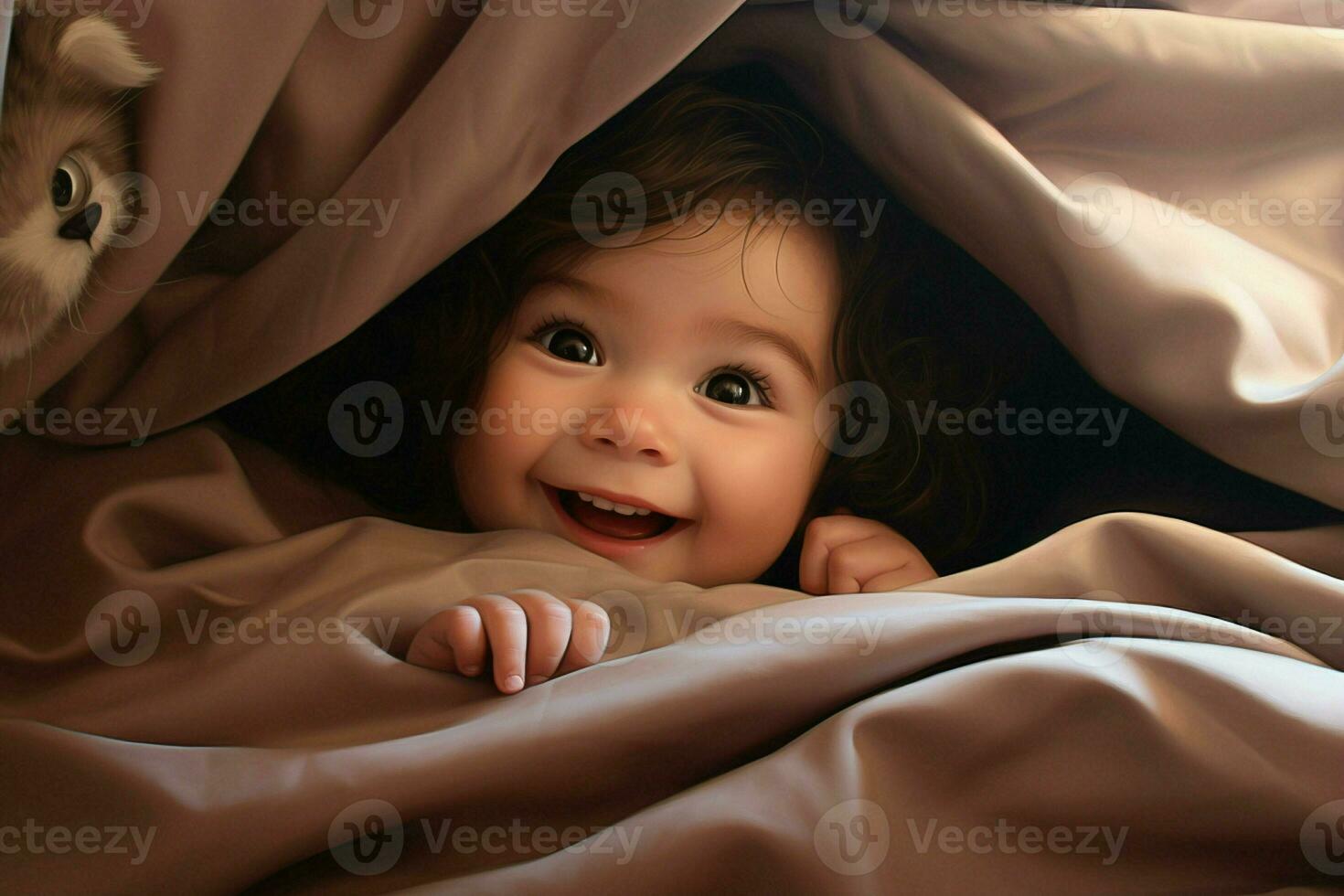 Cute little baby under blanket at home. Happy childhood concept. Ai generated pro photo