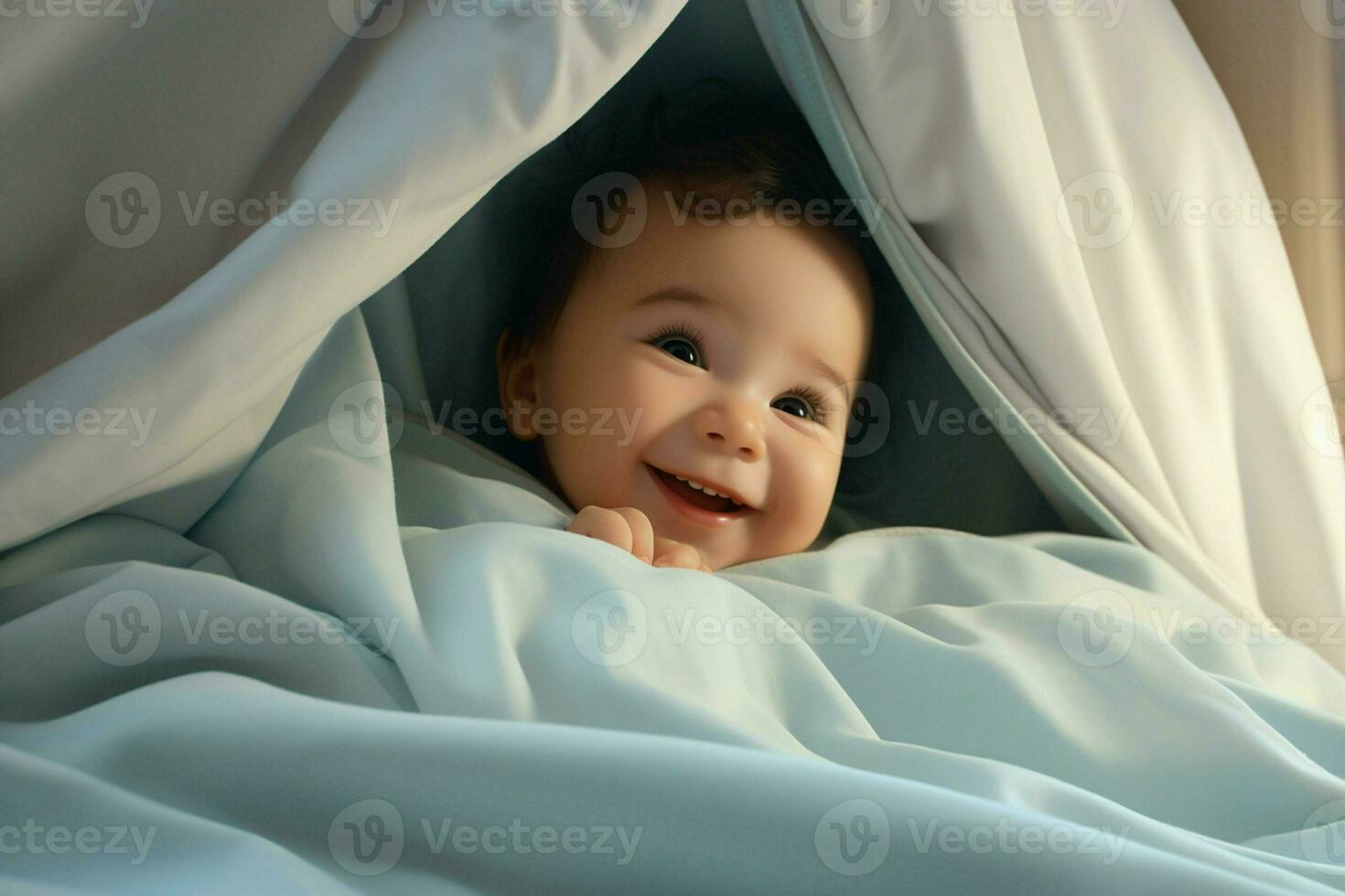 Cute little baby under blanket at home. Happy childhood concept. Ai generated pro photo