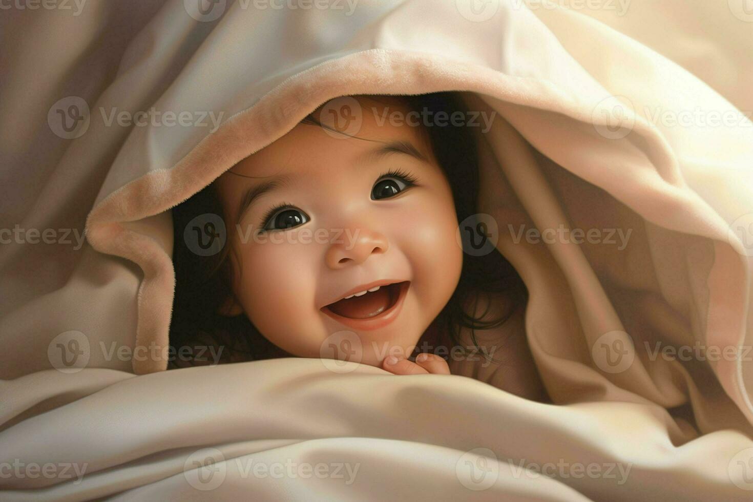 Cute little baby under blanket at home. Happy childhood concept. Ai generated pro photo