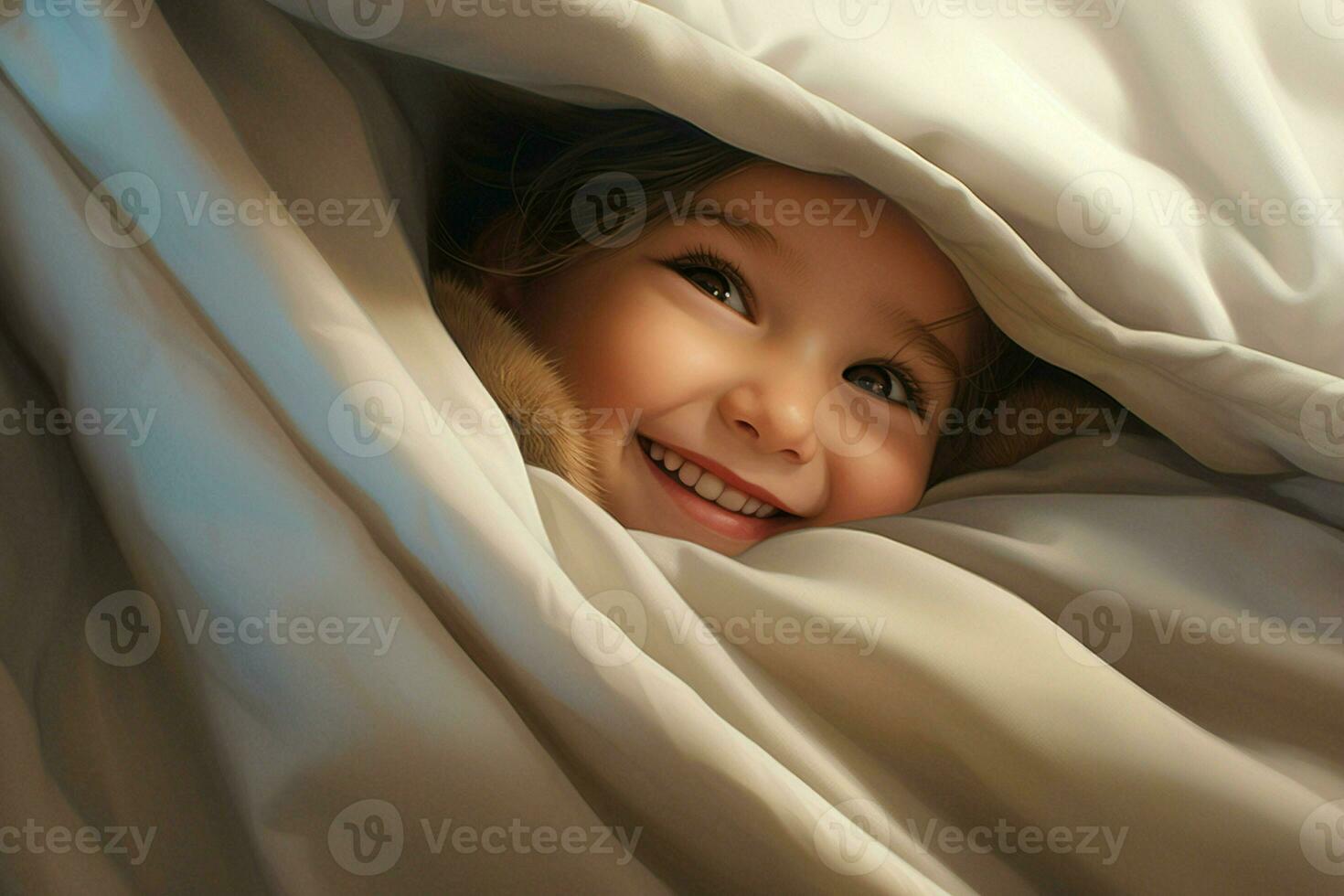 Cute little baby under blanket at home. Happy childhood concept. Ai generated pro photo