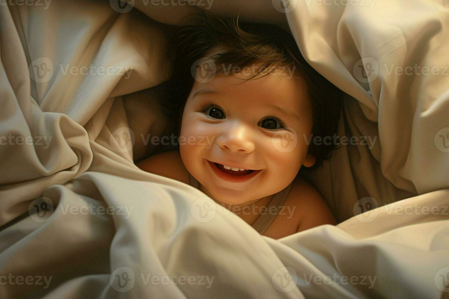 Cute little baby under blanket at home. Happy childhood concept. Ai generated pro photo