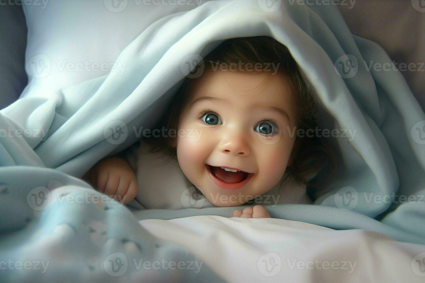 Cute little baby under blanket at home. Happy childhood concept. Ai generated pro photo