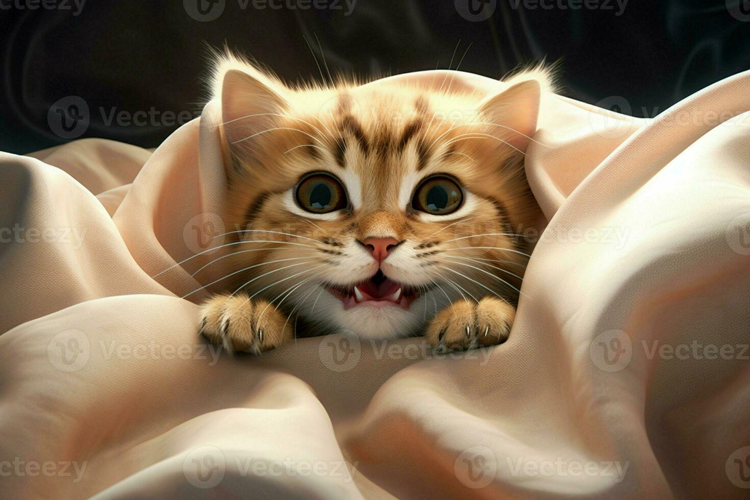 Cute tabby cat hiding under blanket on bed, closeup. Ai generated pro photo