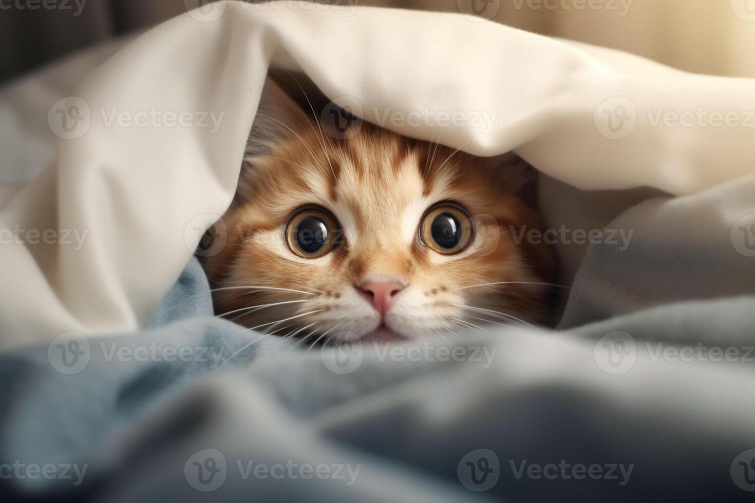 Cute tabby cat hiding under blanket on bed, closeup. Ai generated pro photo 29547635 Stock Photo