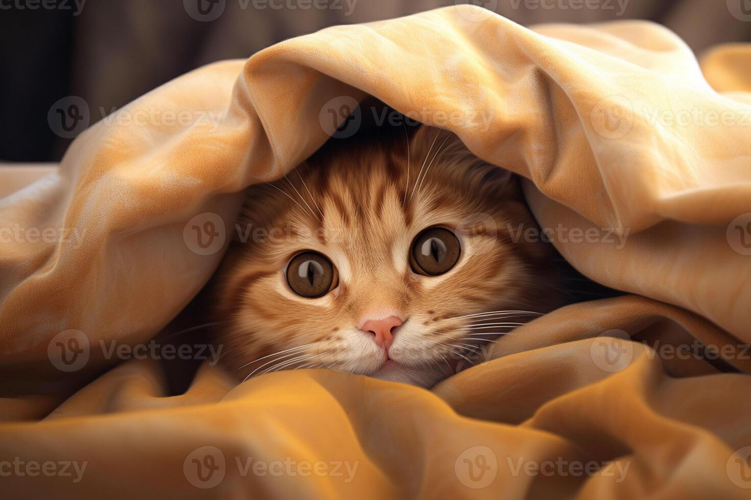 Cute tabby cat hiding under blanket on bed, closeup. Ai generated pro