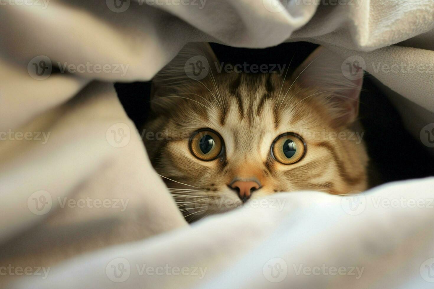 Cute tabby cat hiding under blanket on bed, closeup. Ai generated pro photo