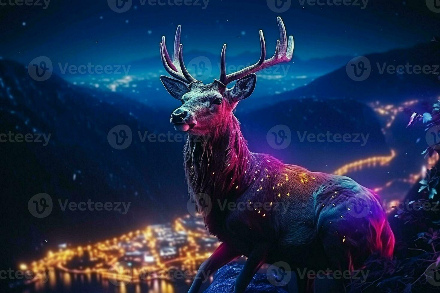 mountains at nigh, Fantasy landscape with a deer. Ai generated pro photo