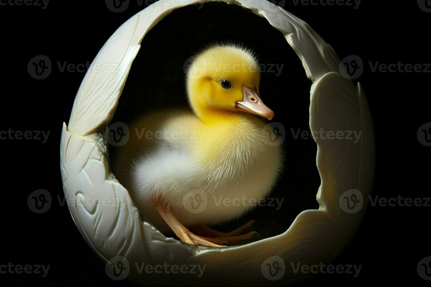 duckling in egg shell on black background, easter decoration. Ai generated pro photo