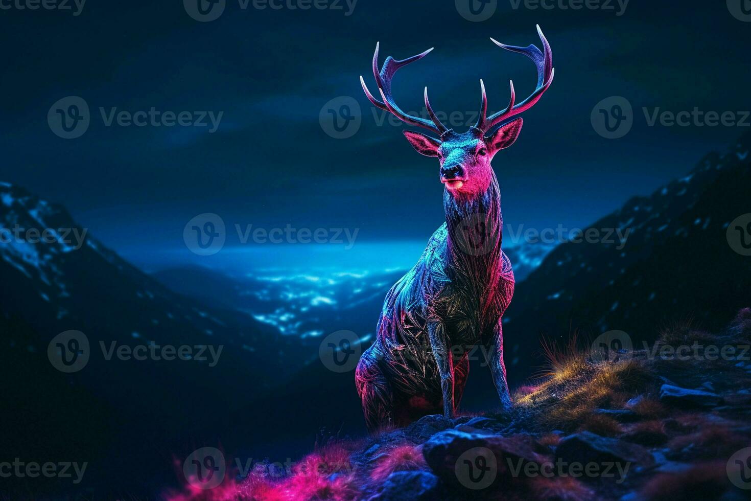 mountains at nigh, Fantasy landscape with a deer. Ai generated pro photo