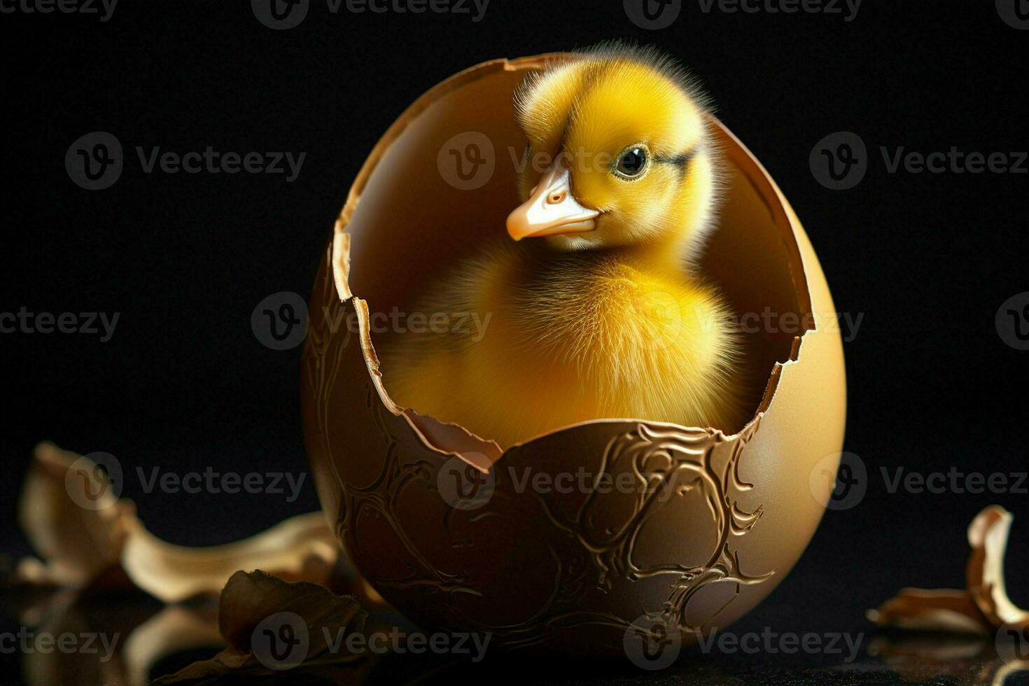 duckling in egg shell on black background, easter decoration. Ai generated pro photo