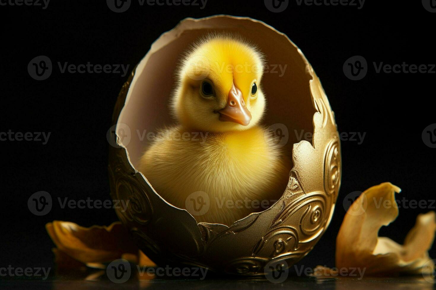 duckling in egg shell on black background, easter decoration. Ai generated pro photo