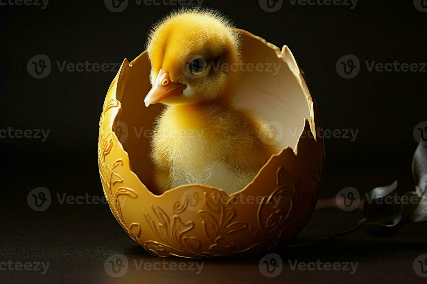 duckling in egg shell on black background, easter decoration. Ai generated pro photo