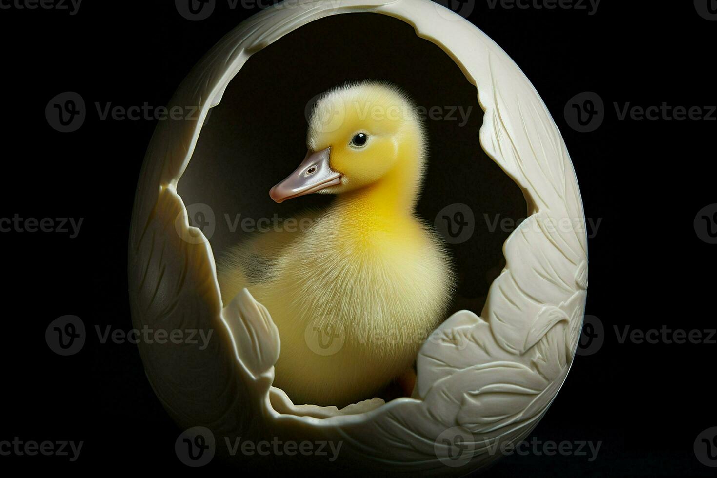 duckling in egg shell on black background, easter decoration. Ai generated pro photo