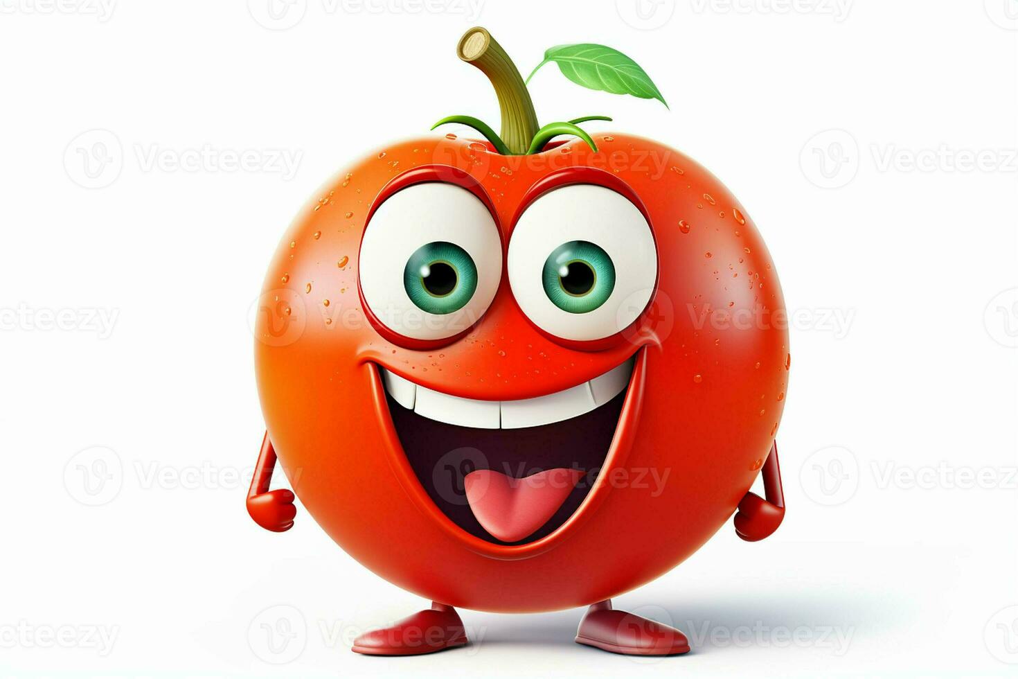 Cartoon tomato with smiley face on white background. Ai generated pro photo