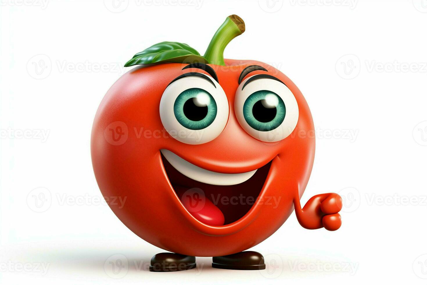 Cartoon tomato with smiley face on white background. Ai generated pro photo