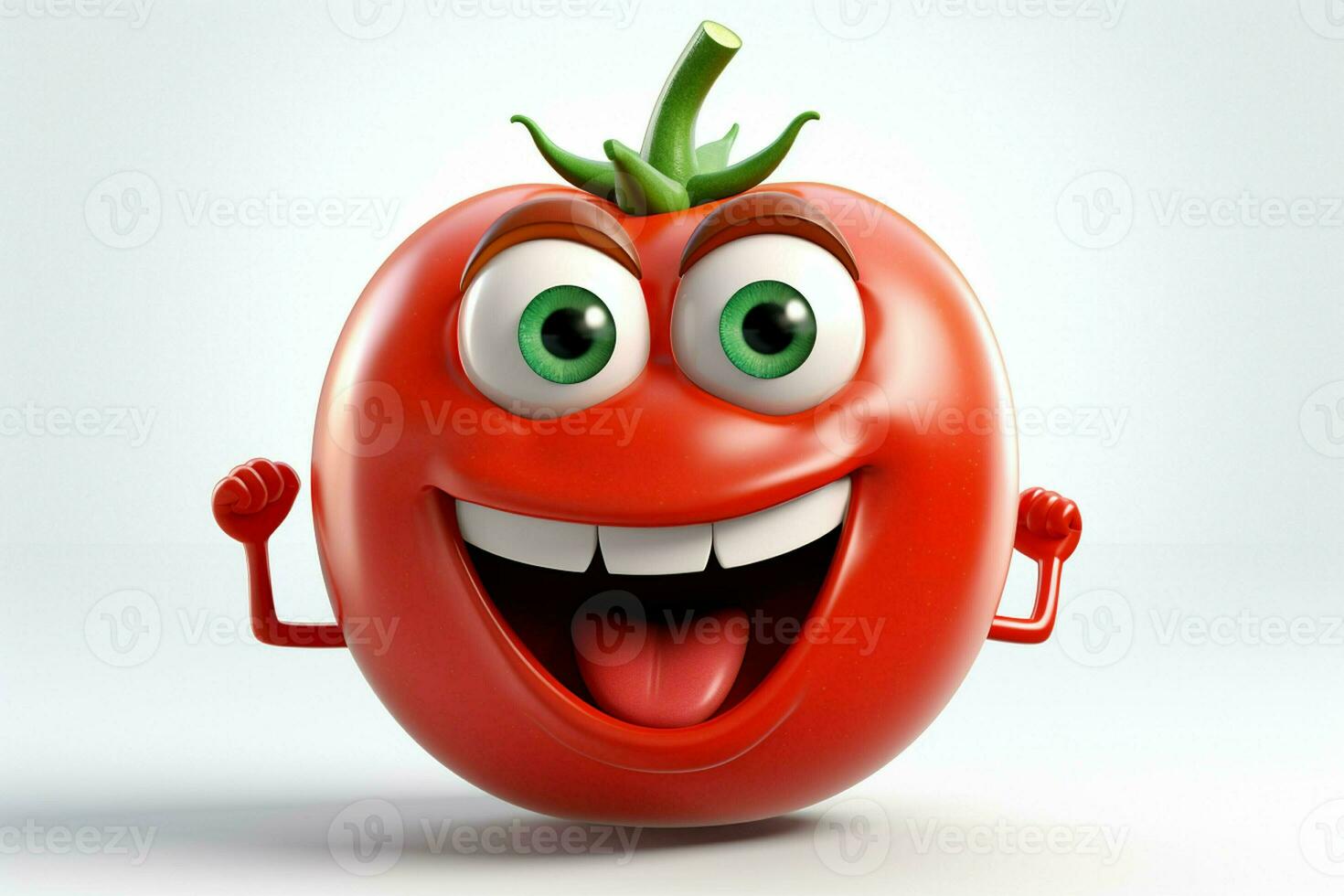 Cartoon tomato with smiley face on white background. Ai generated pro photo