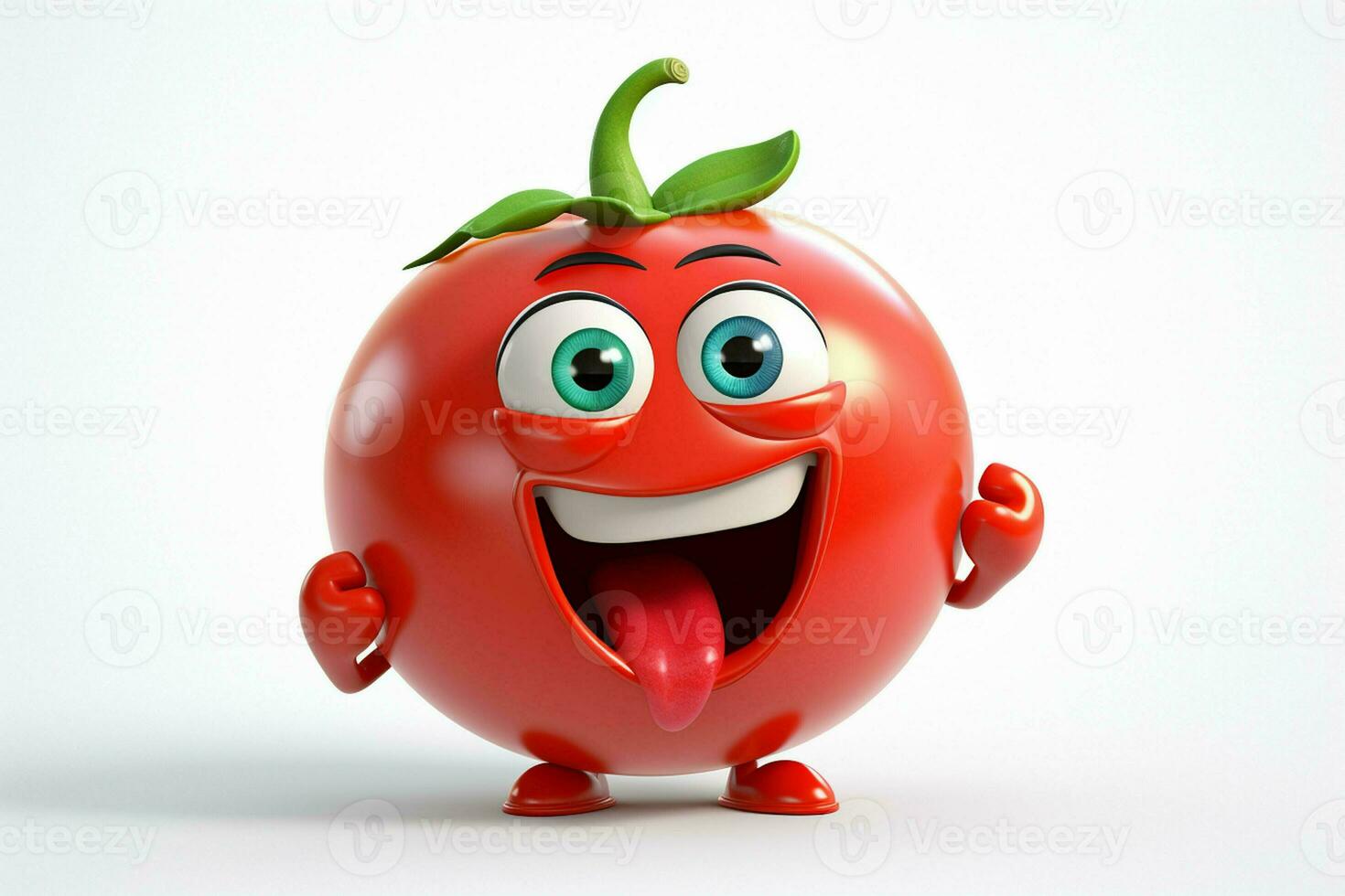 Cartoon tomato with smiley face on white background. Ai generated pro photo