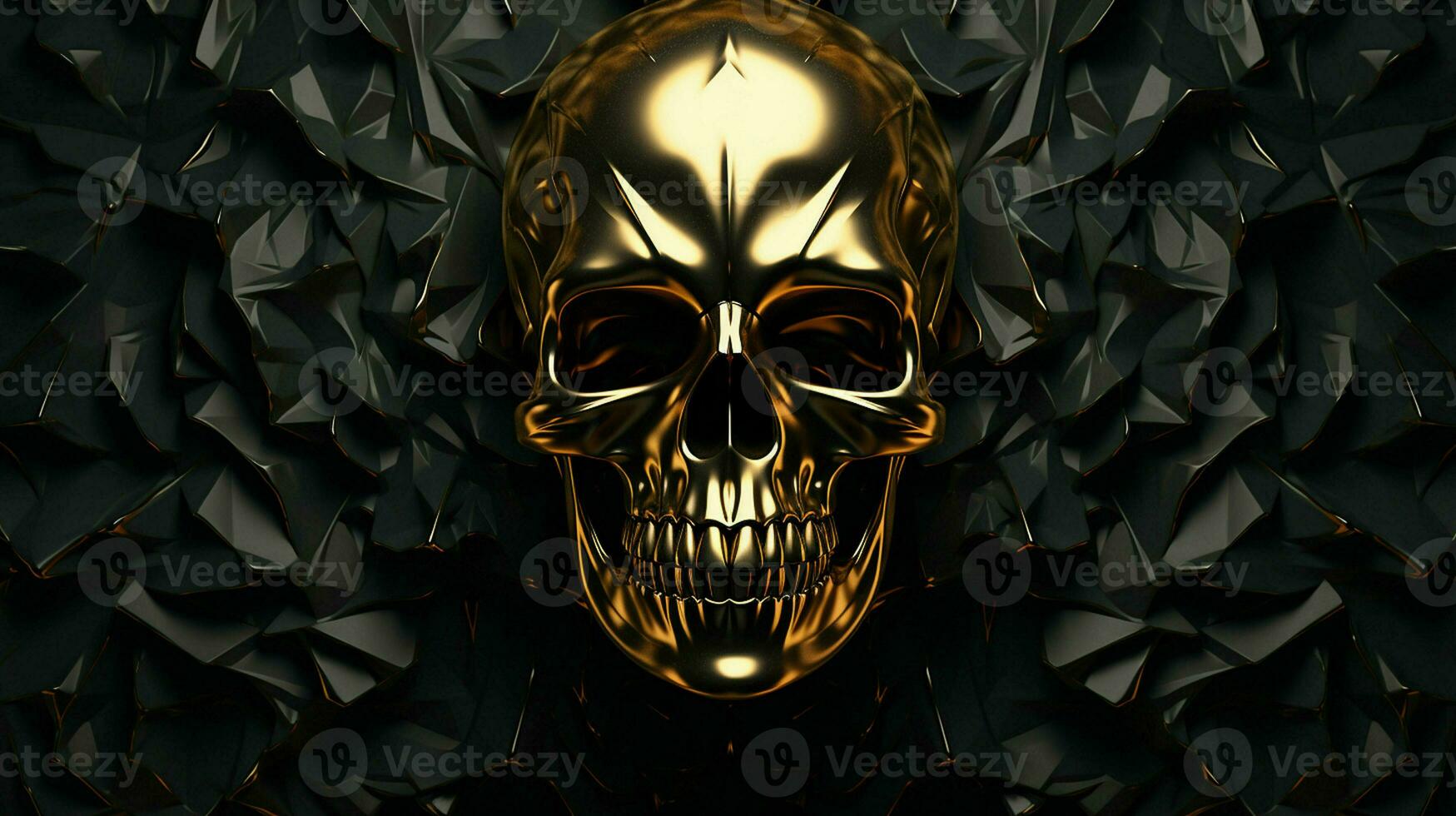 Certainly Here are some tags you can use to describe an image of a golden metallic skull on a black background, created as a 3D rendering and illustration. ai generated  pro photo