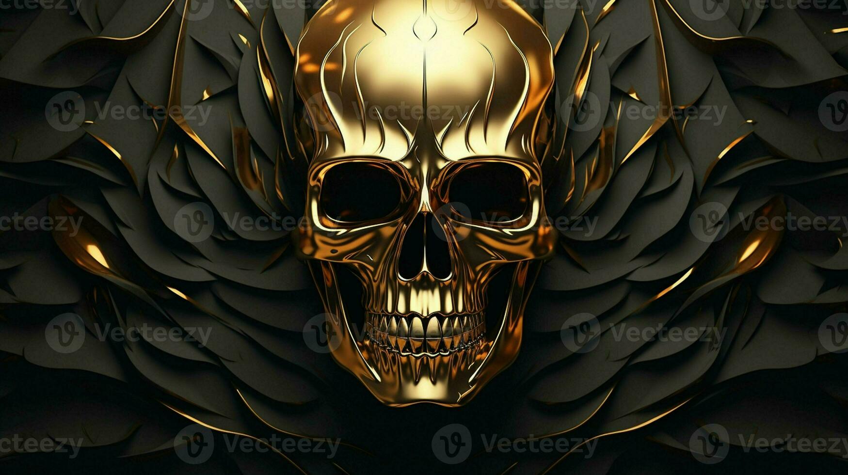 Certainly Here are some tags you can use to describe an image of a golden metallic skull on a black background, created as a 3D rendering and illustration. ai generated  pro photo