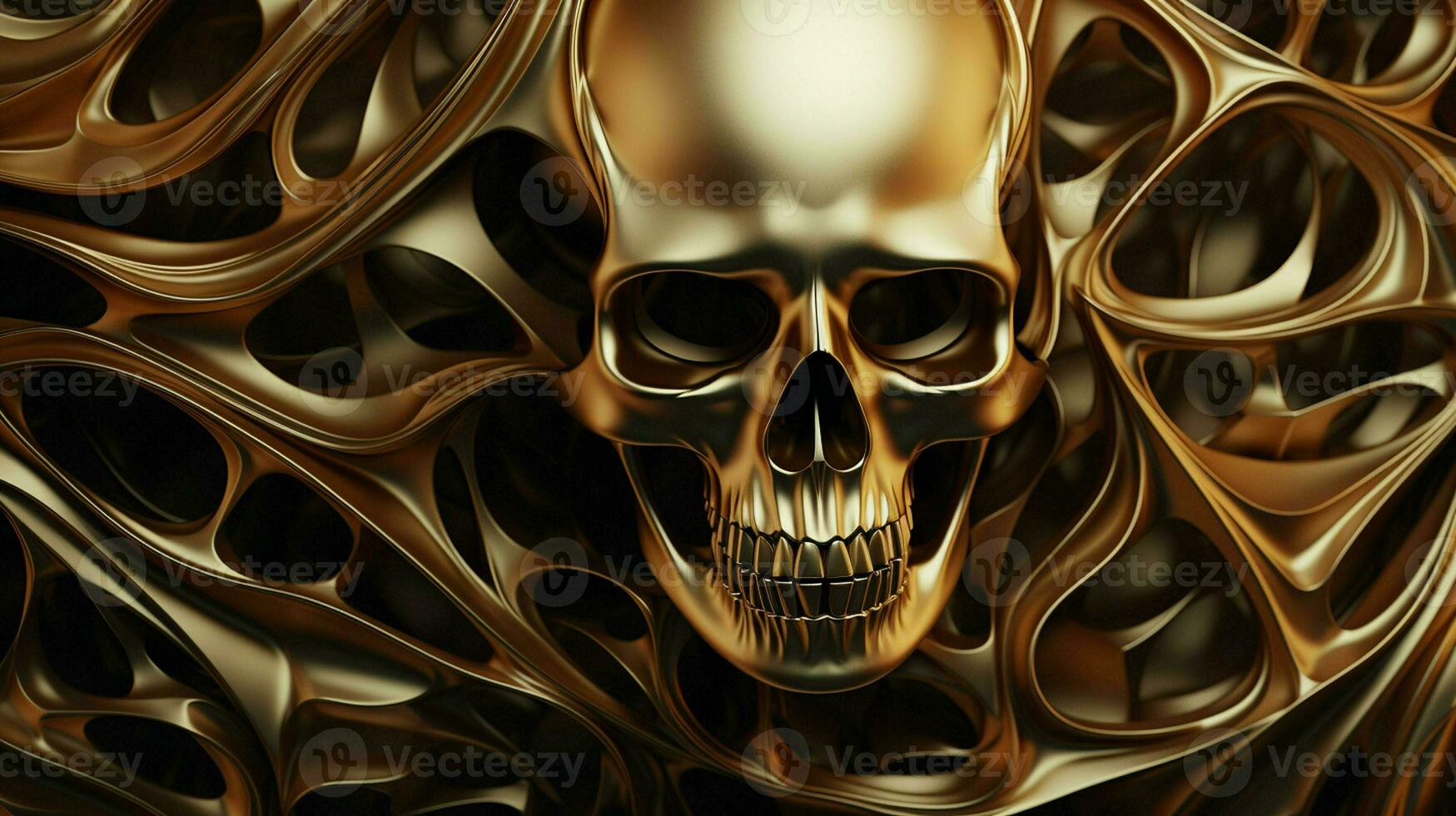 Certainly Here are some tags you can use to describe an image of a golden metallic skull on a black background, created as a 3D rendering and illustration. ai generated  pro photo