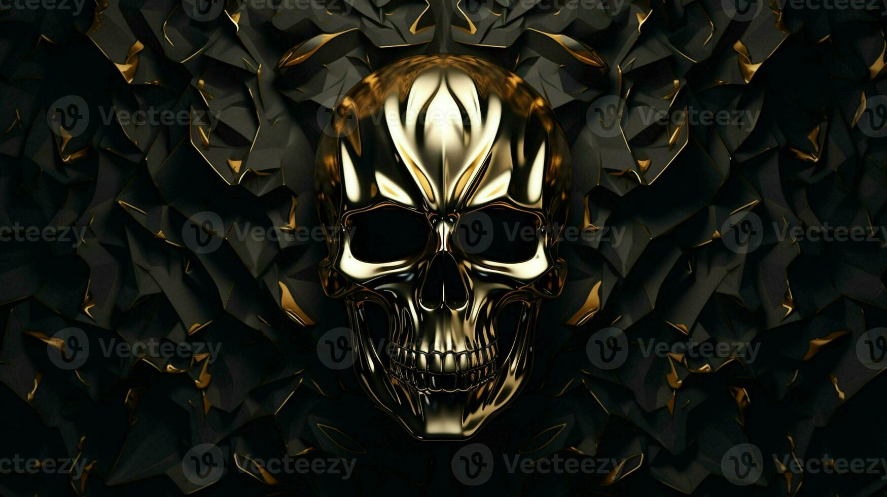 Certainly Here are some tags you can use to describe an image of a golden metallic skull on a black background, created as a 3D rendering and illustration. ai generated  pro photo