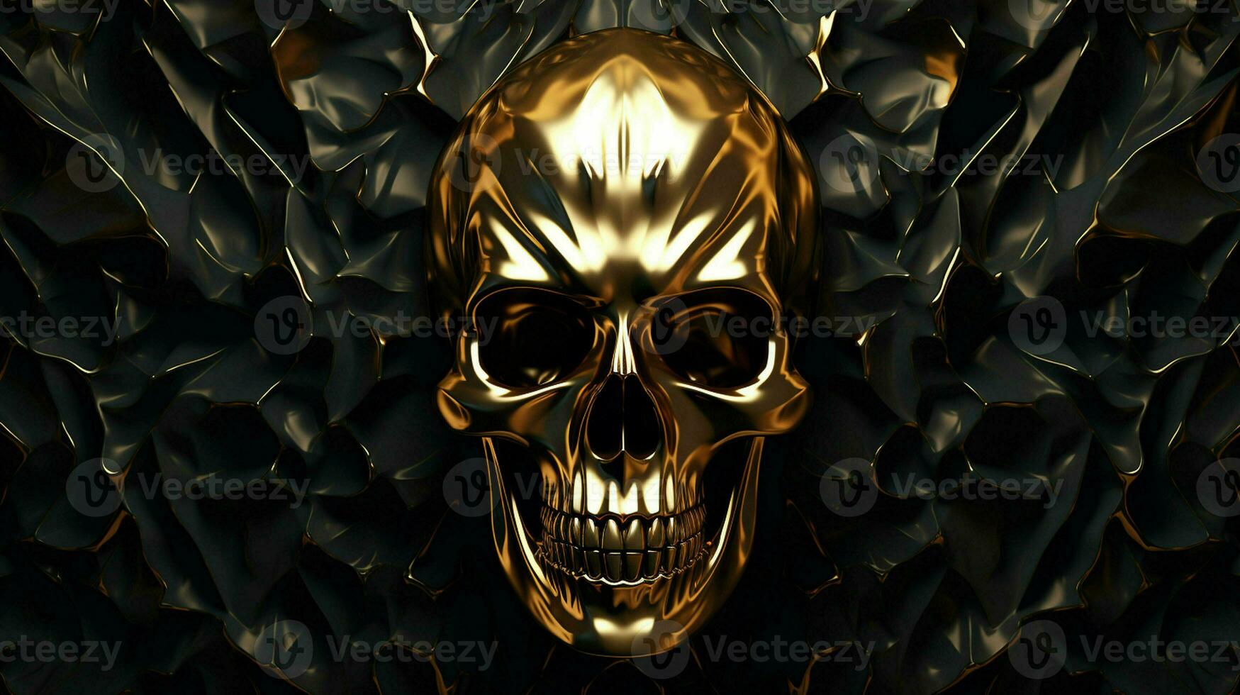 Certainly Here are some tags you can use to describe an image of a golden metallic skull on a black background, created as a 3D rendering and illustration. ai generated  pro photo