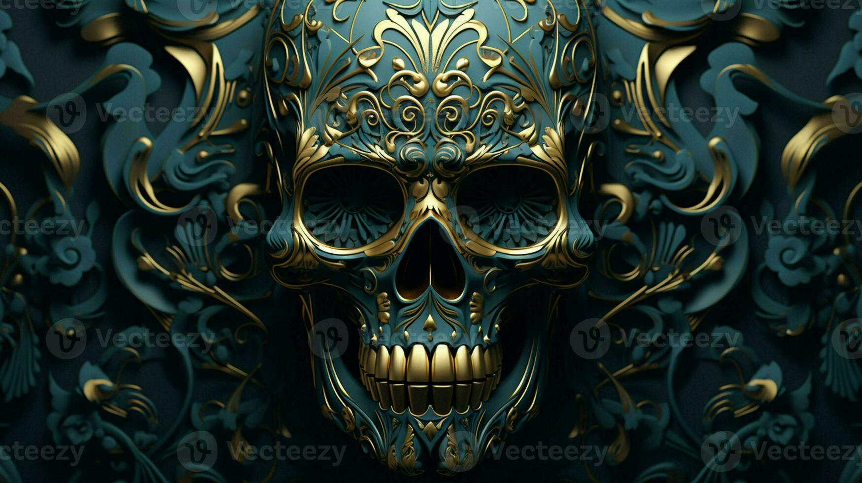 Certainly Here are some tags you can use to describe an image of a golden metallic skull on a black background, created as a 3D rendering and illustration. ai generated  pro photo