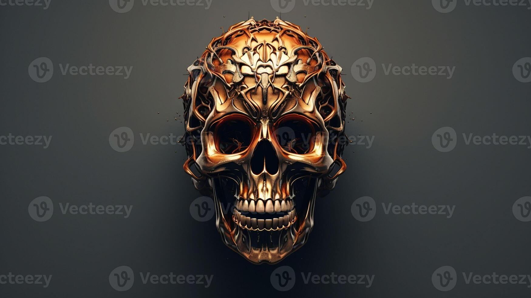 Golden metallic skull on a black background, created as a 3D rendering and illustration. ai generated  pro photo